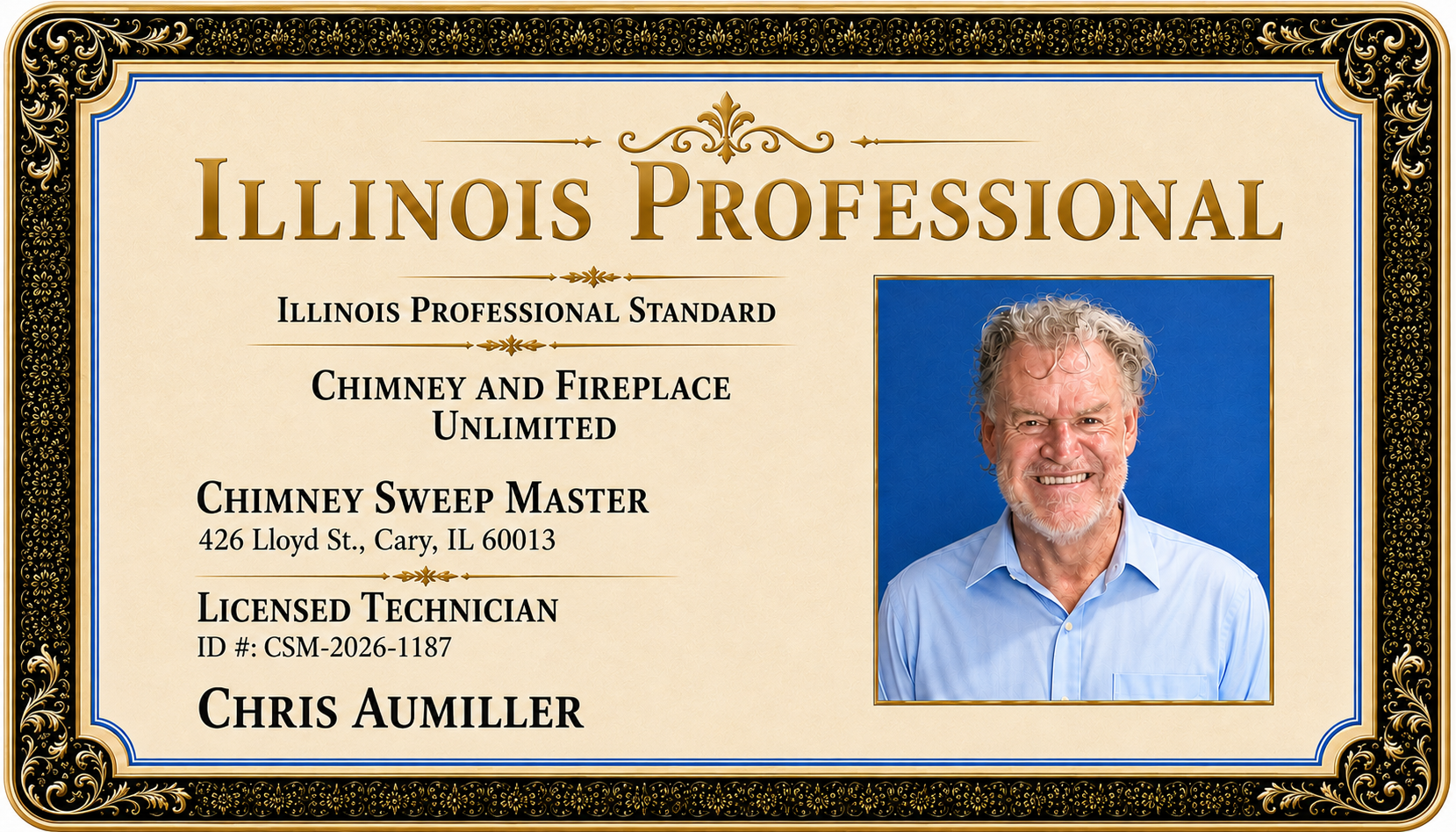 Illinois Professional licensed technician card for Chris Aumiller of Chimney Sweep Master