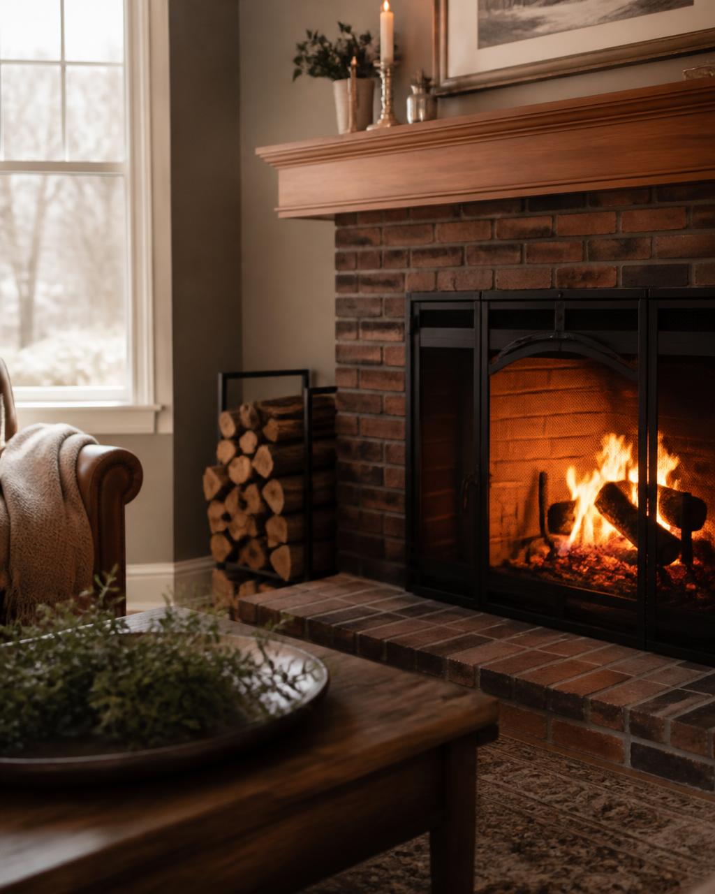 A clean brick fireplace with a warm fire burning in a Cary, Illinois living room